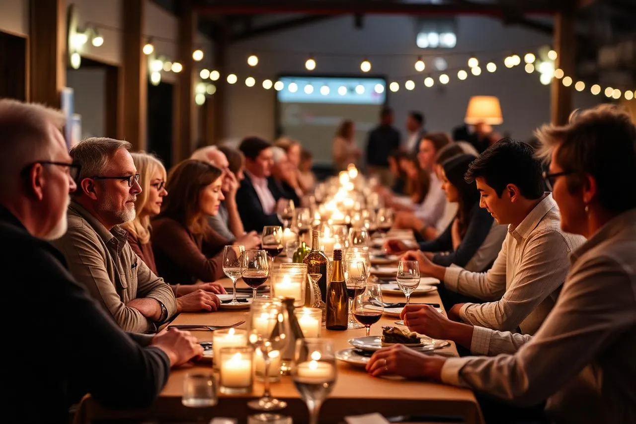 Community dinner with long table and candles